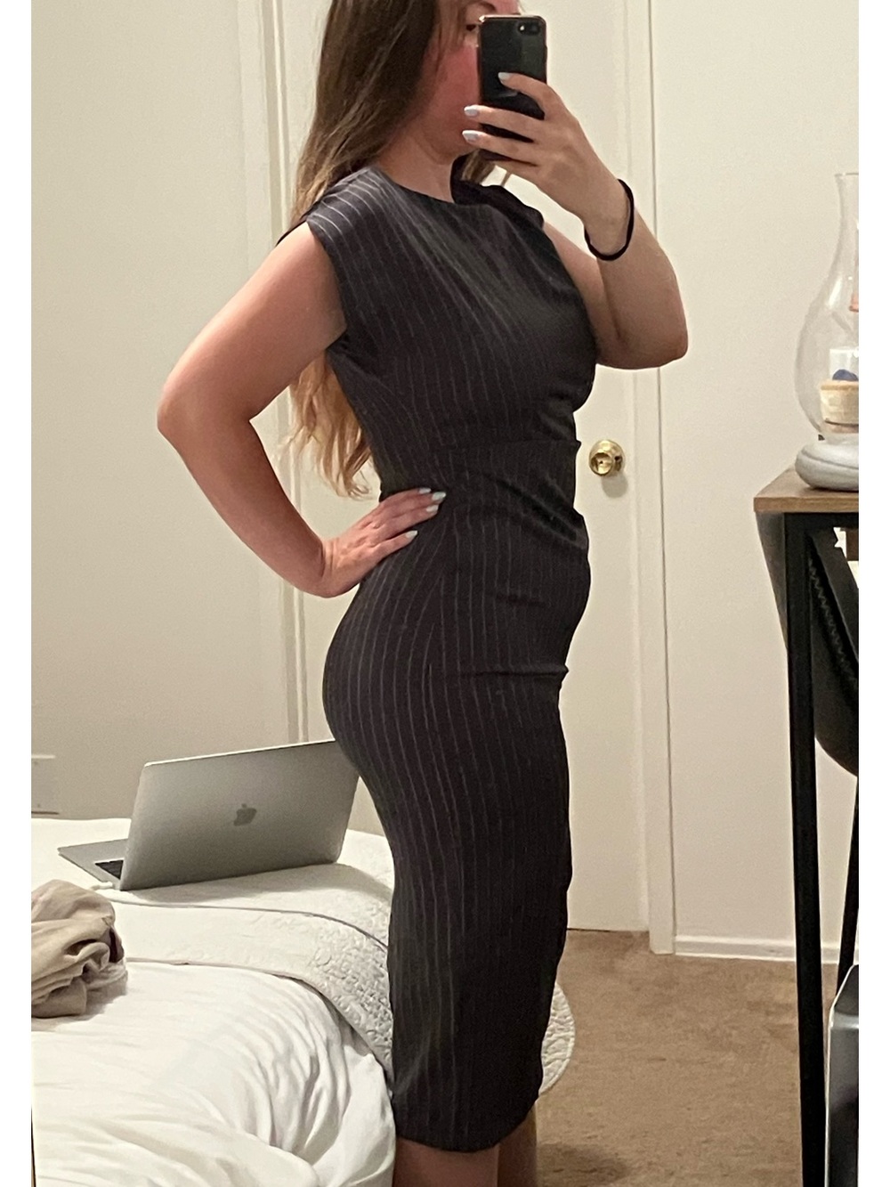 SHEIN Black Pinstripe Midi Sheath Dress